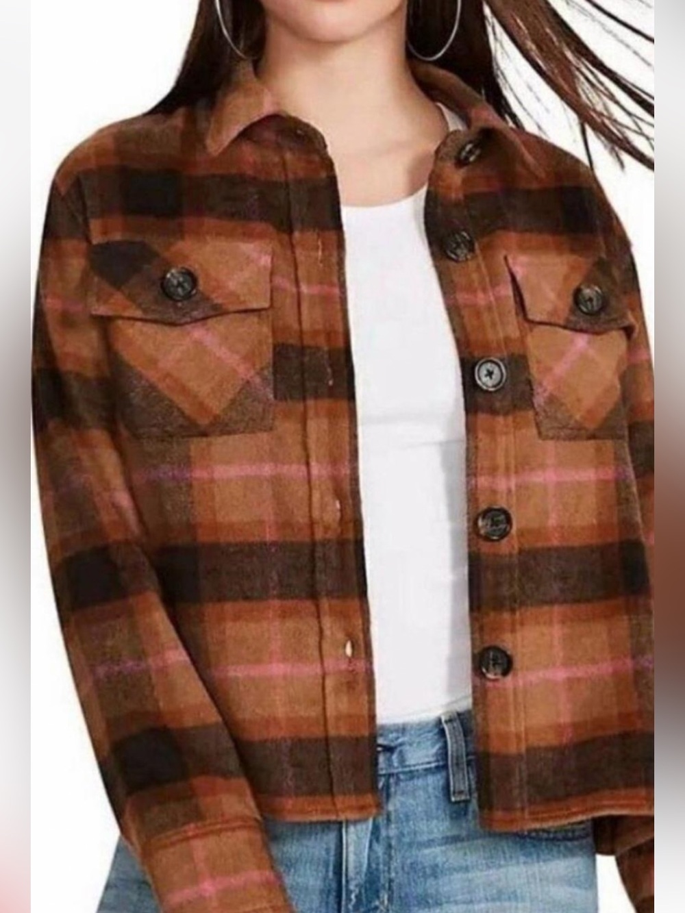 BB Dakota Steve Madden Plaid Shacket Jacket Brown Pink Size L
